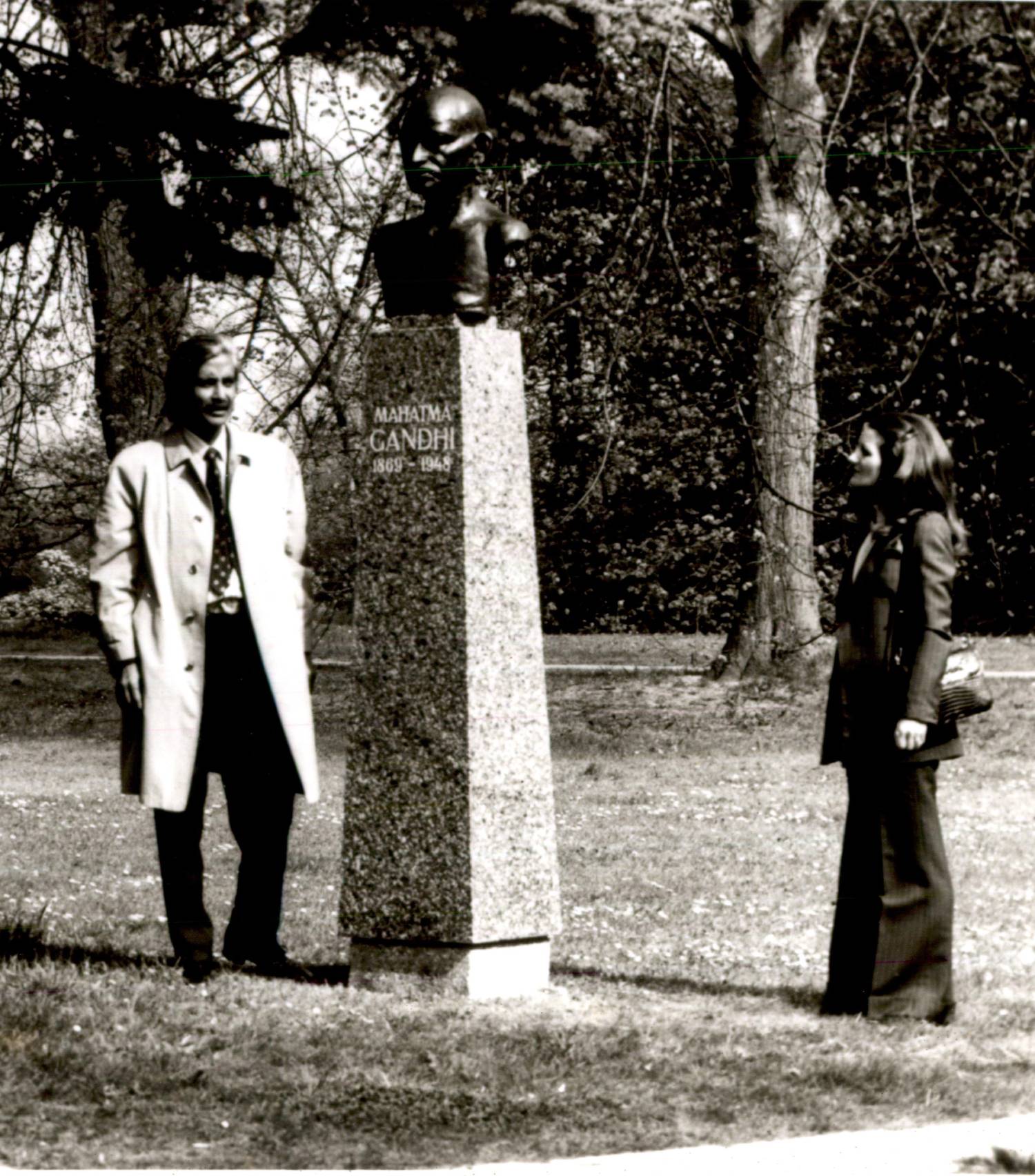 Artist with his work Bust of Gandhi.